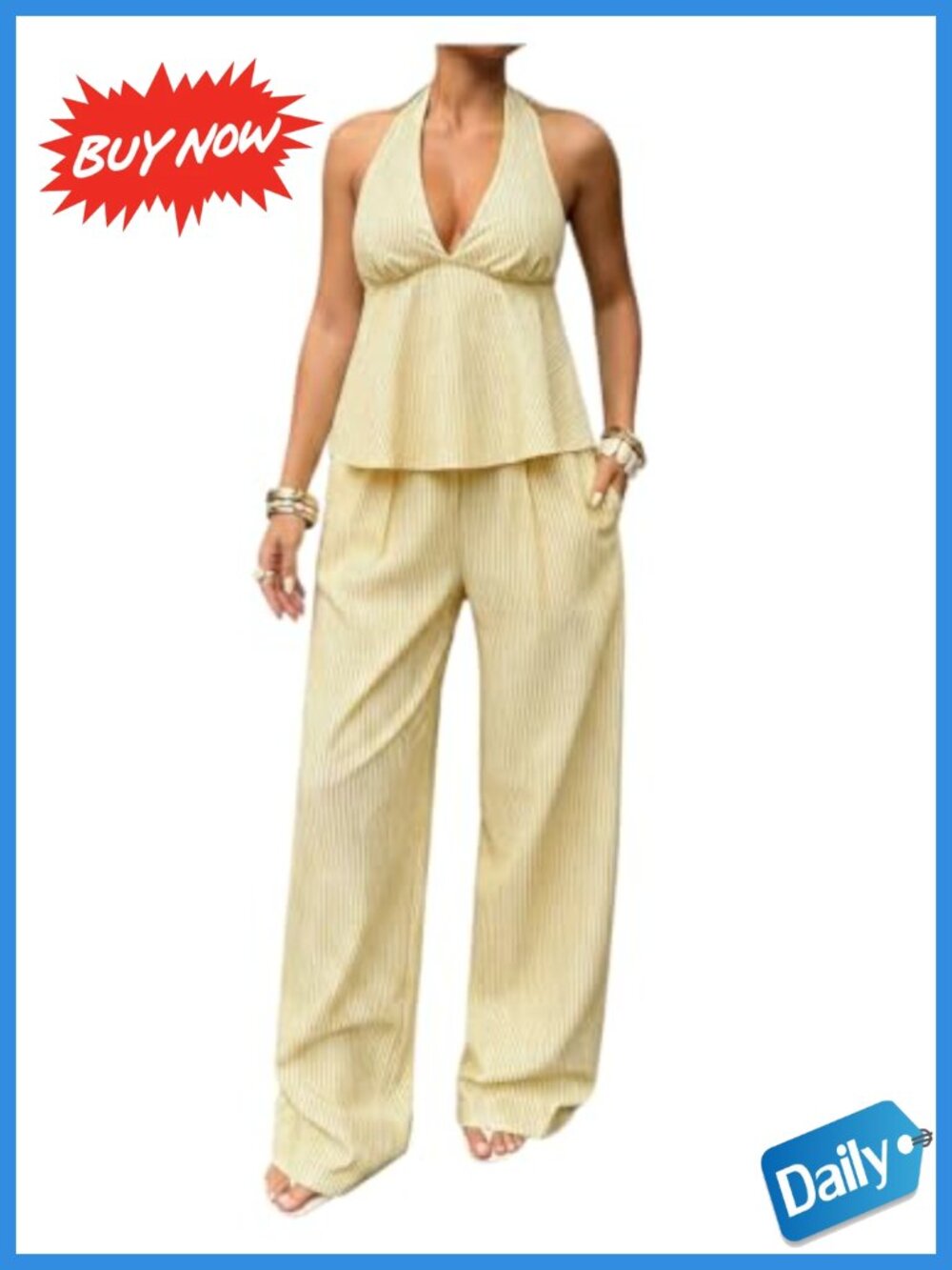 Striped Halter Peplum Top & Wide Leg Pants Set Sleeveless Vacation